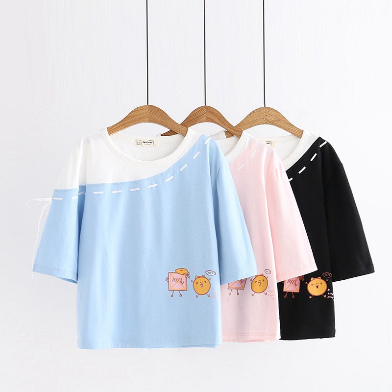 Women's Cartoon Print Round Neck Lace Up Short Sleeve