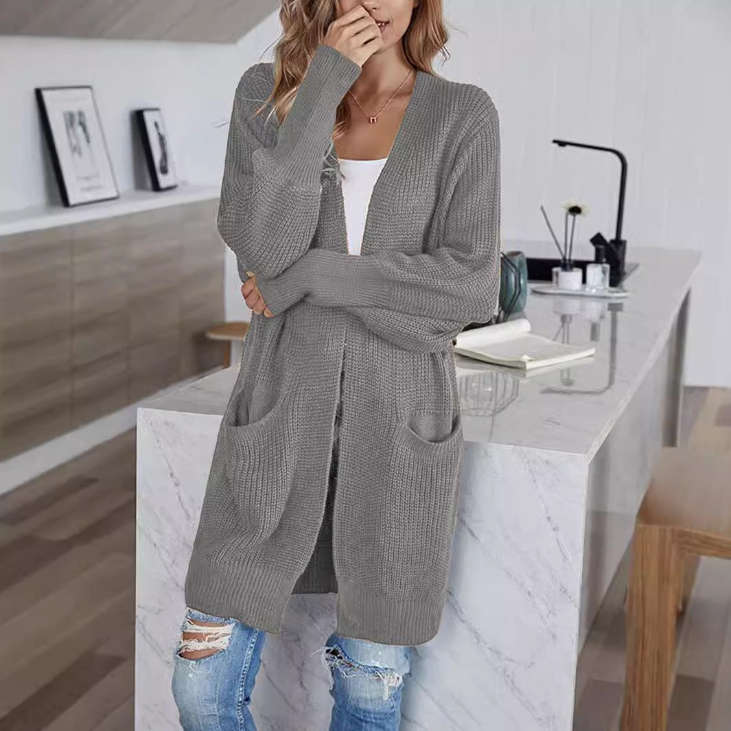 Women's Knitted Sweater Solid Color Pocket Cardigan Coat