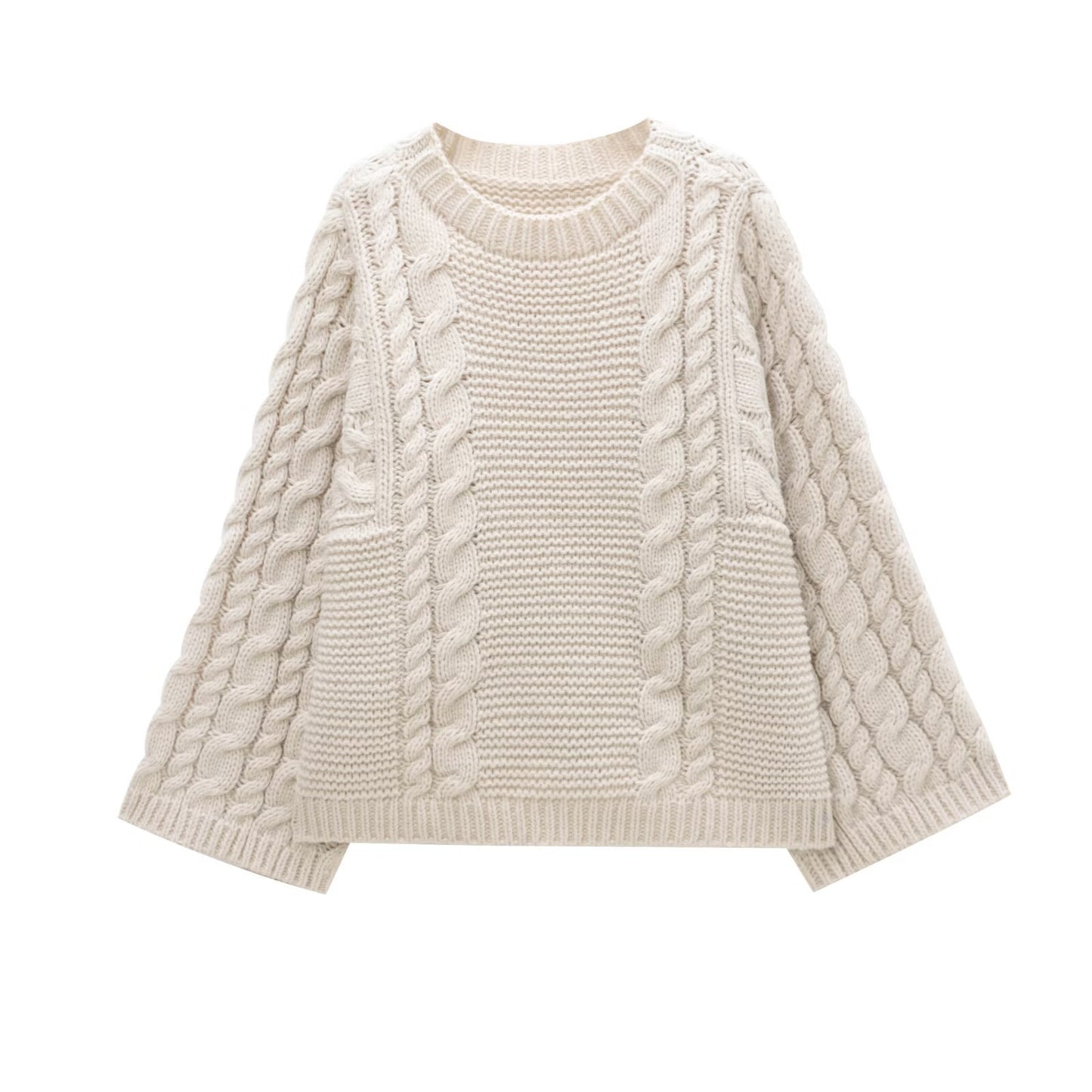 Twist Texture Round Neck Pullover Large Sleeves Sweater