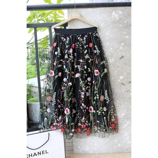 Lace Embroidered Gauze Skirt High Waist Slimming Large Size Flesh-covering