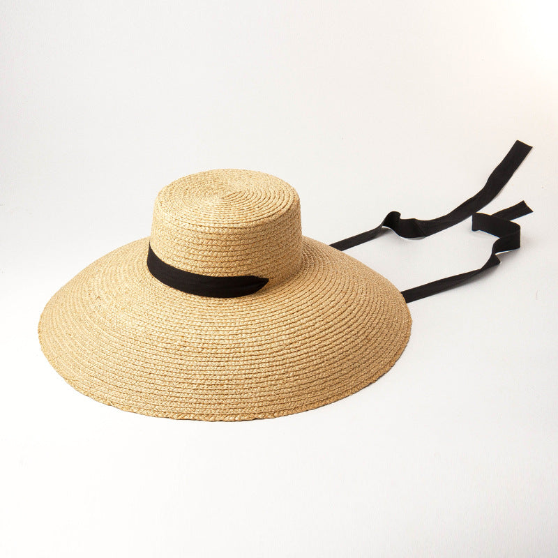 Outdoor Flat-top Curved Hand-woven Raffia Straw Hat