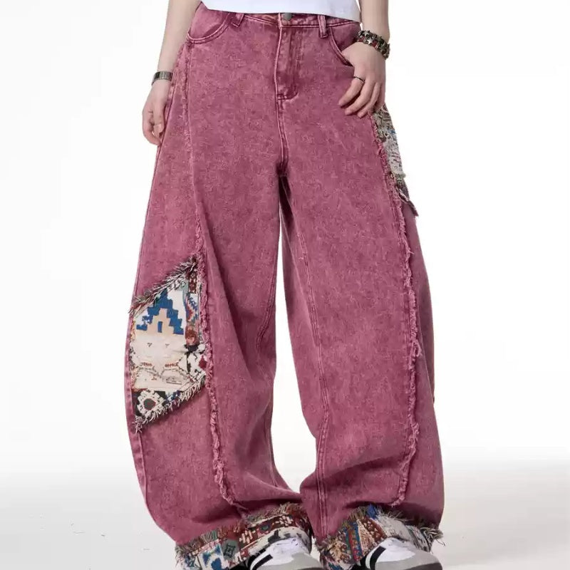 Retro Distressed Stitching Embroidered Jeans Women's Summer Loose Straight
