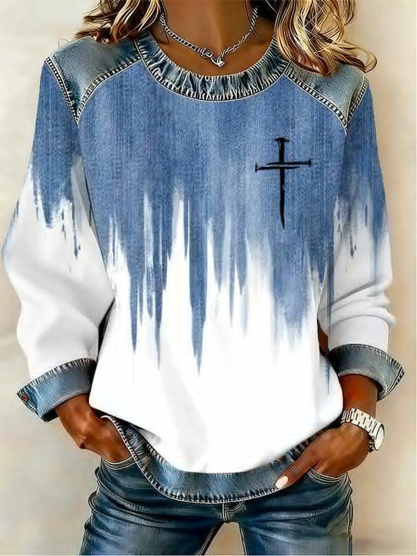Womens 3D Digital-Print Crew-Neck Fashion Pullover Long-Sleeve Sweatshirt