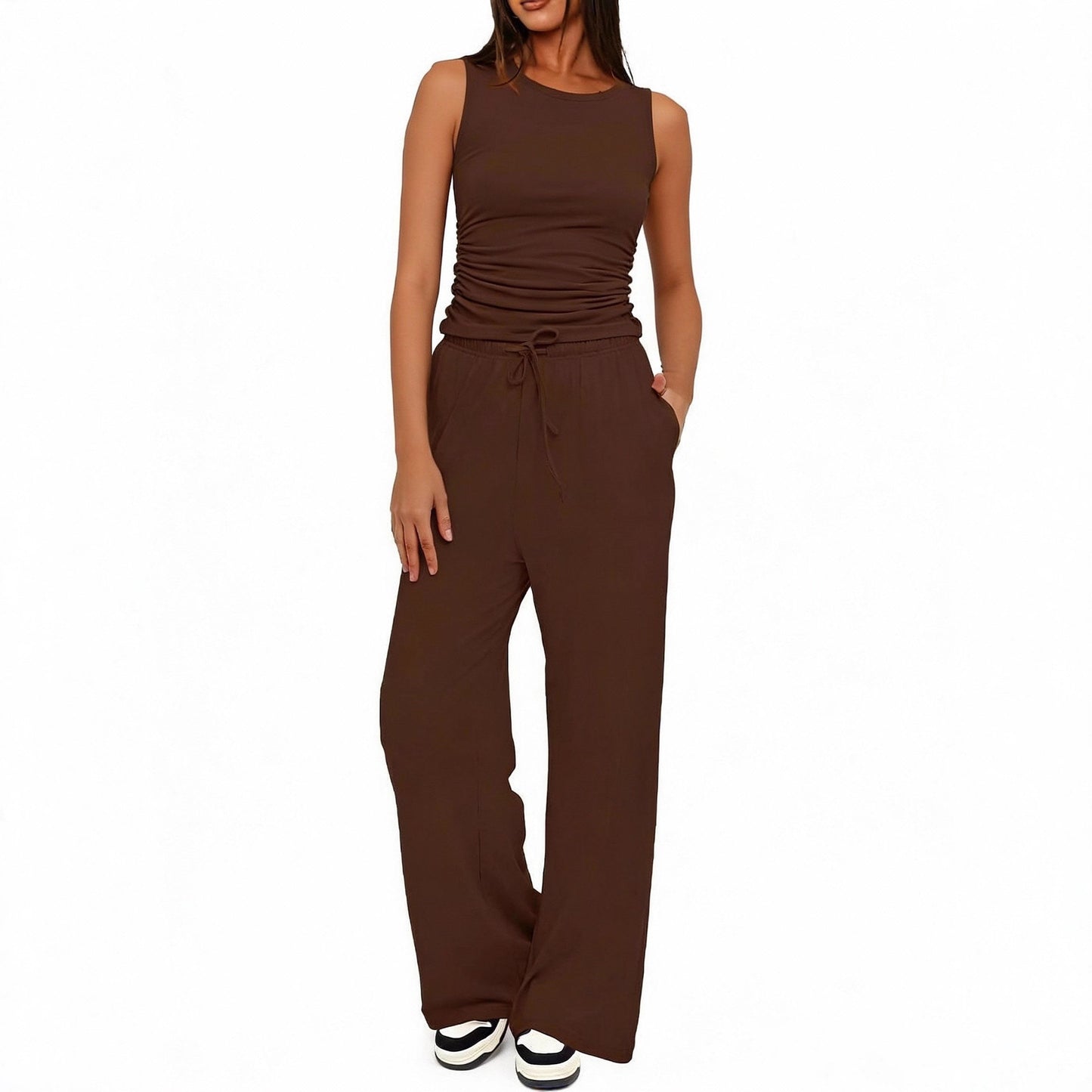 Sleeveless Crewneck Pleated Vest And High-waisted Wide-leg Pants Set