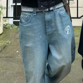 Amerikansk Gade Baggy Afslappet Retro Hip Hop Print Stilfuld Mode Højtaljede Jeans til Mænd