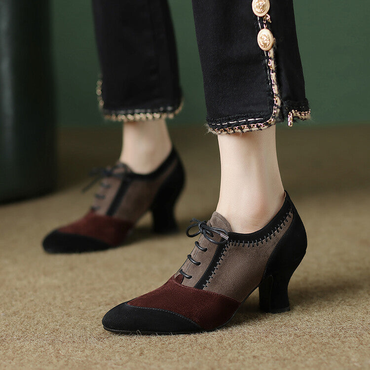 Front Tie Deep Opening Color-blocking Retro High-heel Leather Shoes