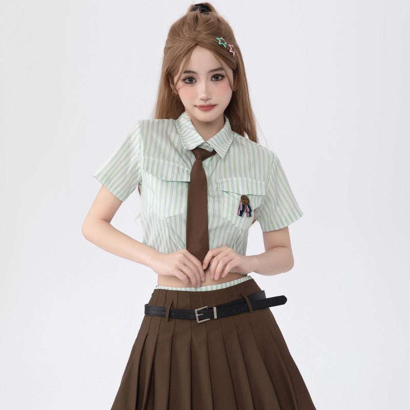 Japanese College Style Striped Tie Short Shirt