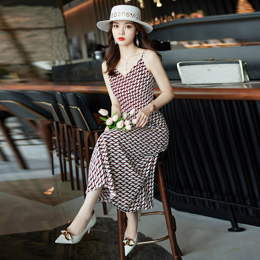 Women's Retro Print Mid-length Suspender Skirt
