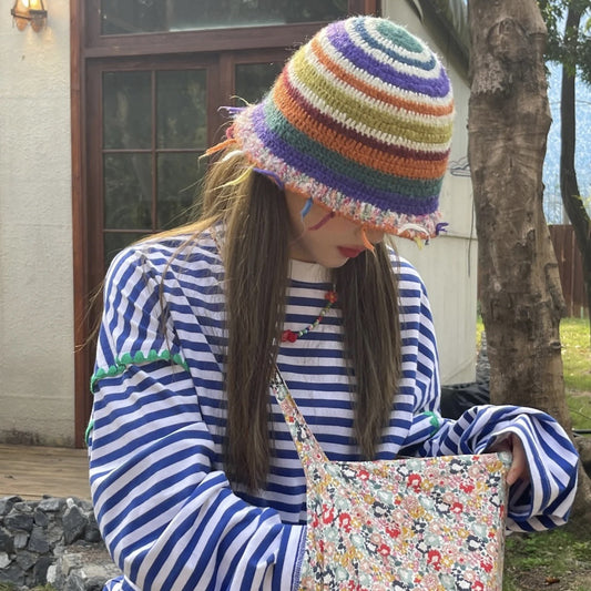 Vintage Handmade Crochet Tassel Bucket Hat Colorful Stripes Woolen Cap Bucket Hat