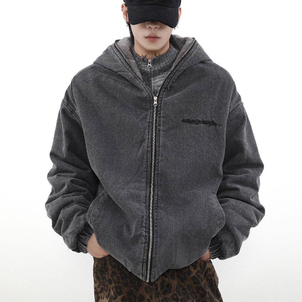 Thick Lambskin Coat Men's Hooded Denim Cotton Jacket