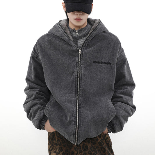 Thick Lambskin Coat Men's Hooded Denim Cotton Jacket