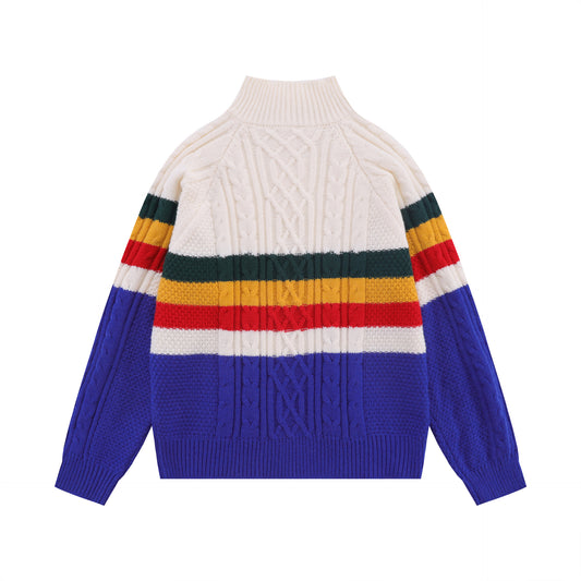 High Street Color Contrast Colorful Stripe Stand Collar Women's Sweater