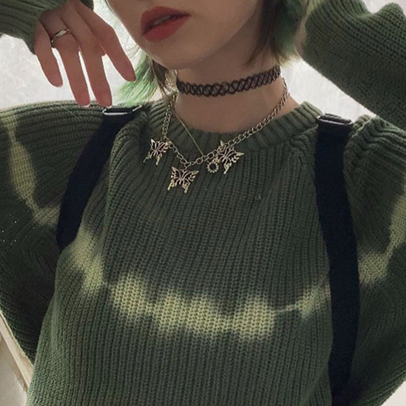 Avocado Green Tie-DyeCasual Loose Long Sleeve Pullover Short Knit Sweater