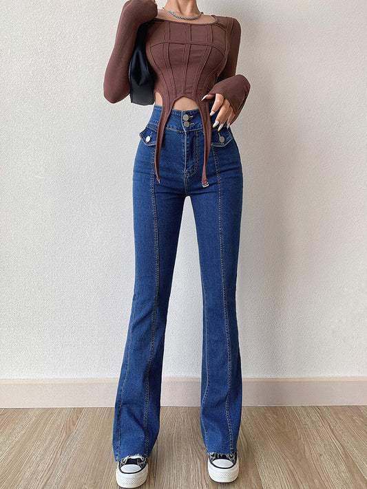 Amerikanske Retro Slim-fit Jeans med Dobbelt Knaplomme