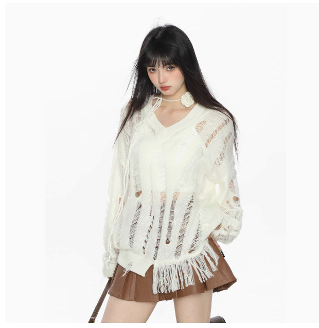 Micro Transparent V-neck Sweater Cutout Blouse Long Sleeve Women
