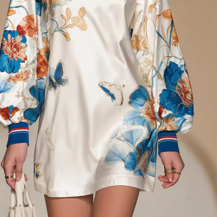 Satin Positioning Printed Lantern Sleeve Dress