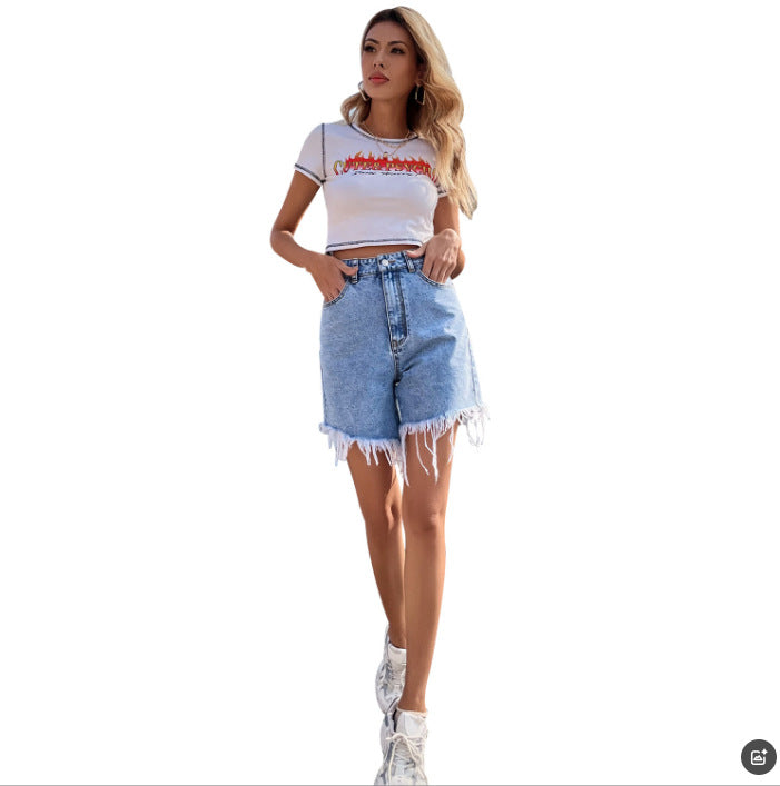 SpringSummer Slimming Raw-Edge Wide-Leg Denim Shorts