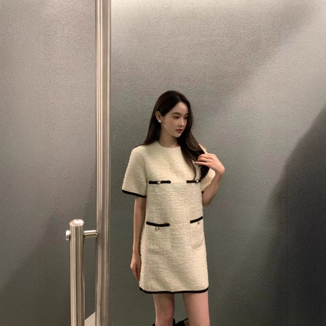 Contrast-color Patchwork Loose Casual Short-sleeve Tweed Dress