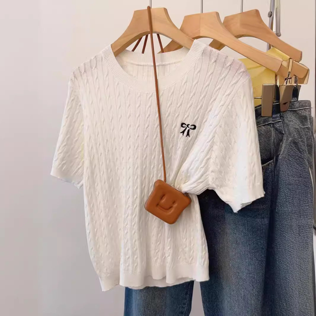 Twist Round Neck Embroidered Short-sleeved T-shirt Short Inner Sweater