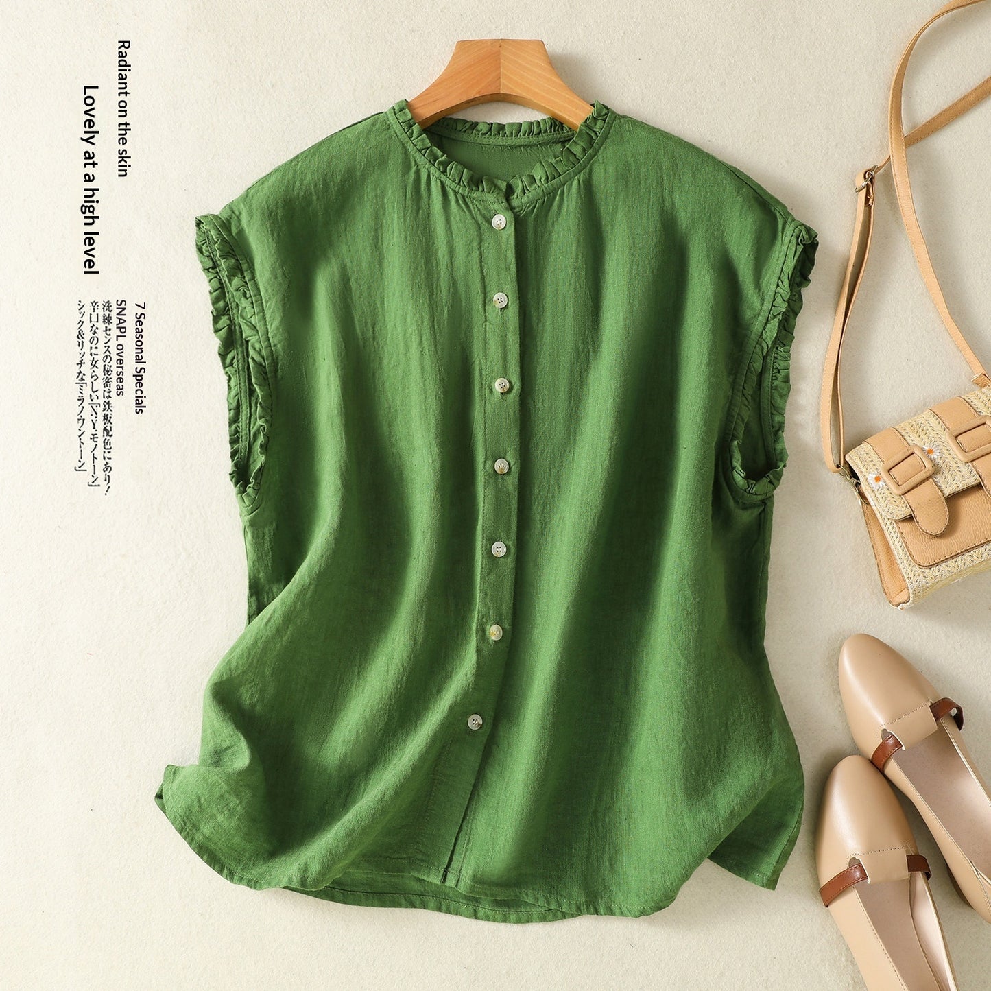 Womens Ruffle-Trimmed Cotton-Linen Sleeveless Shirt