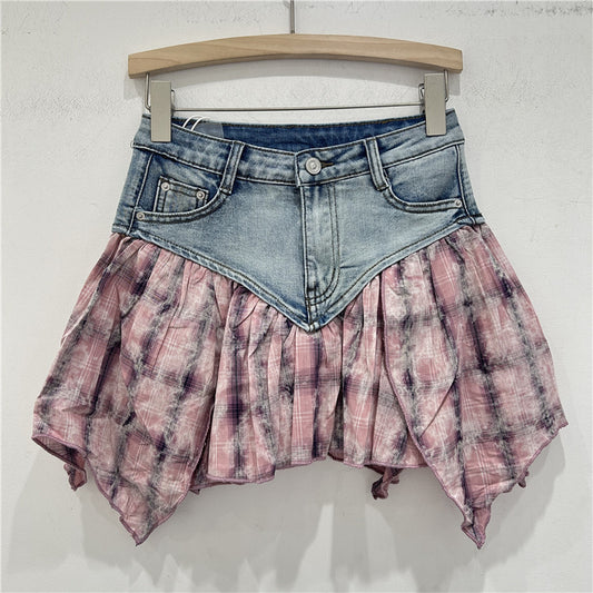 Heavy Industry Stitching Plaid Contrast Color Design Washed Stretch Denim Skirt