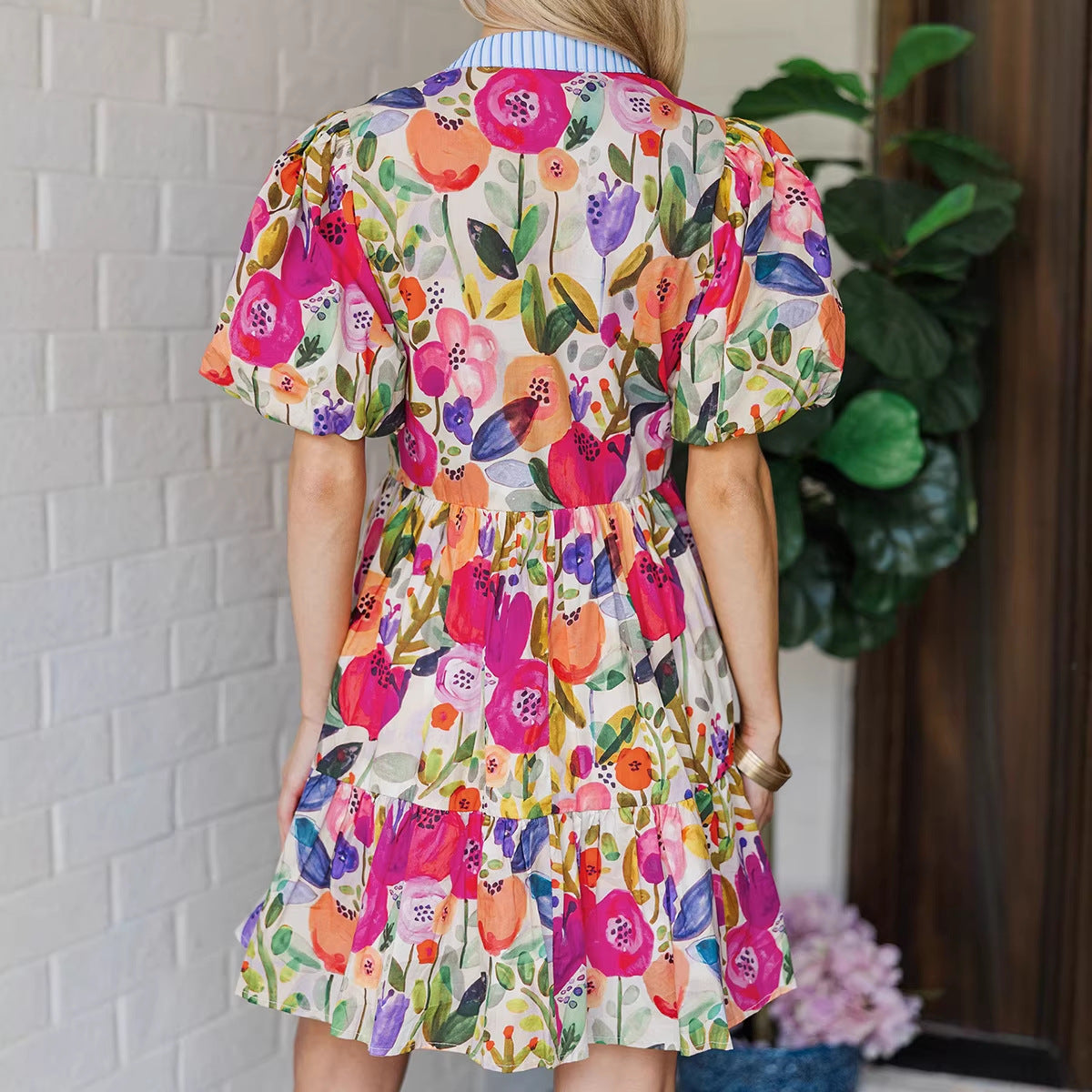 Versatile Floral Print Striped Trim Dress For Women