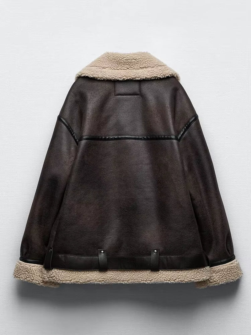 Autumn Winter Women Faux Lamb Fur Thick Warm Jacket with Belt Streetwear Female Zipper Loose Moto Biker Coat Outwear