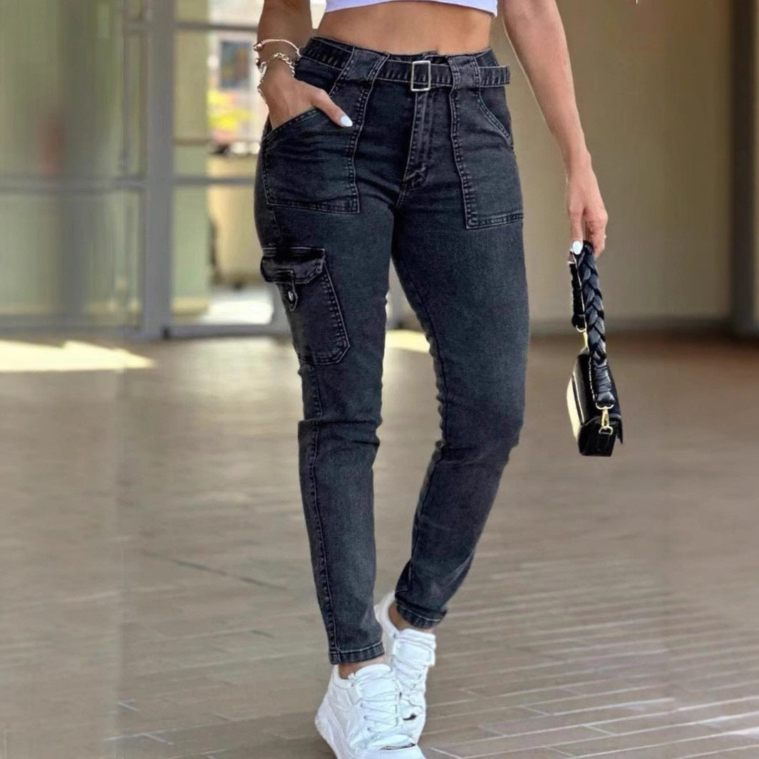 Women's Jeans Leisure Washed-out Slim-fit Solid Color Workwear Denim
