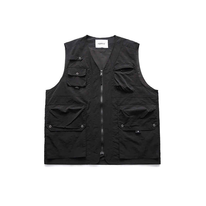 Solid Color Multi-pocket Collarless Frock Vest
