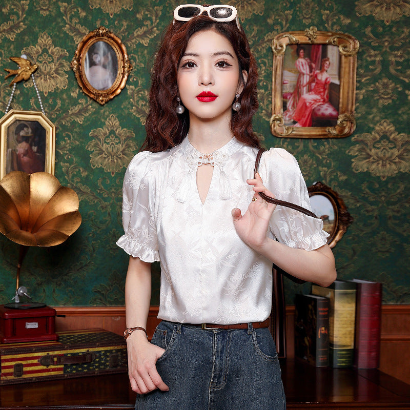 Real Shot New Chinese Style Retro National Style Buckle Jacquard Shirt For Women