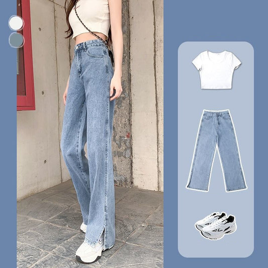 Dame Split Wide-leg Jeans Høj Talje Fald Løse Lige Og Tynde