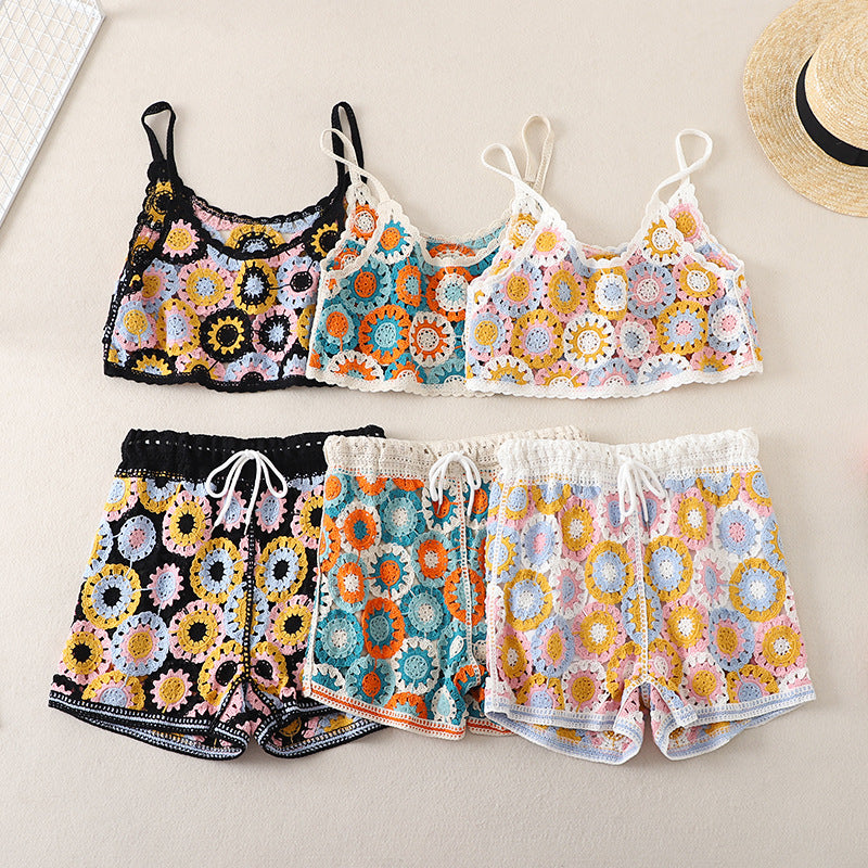 Top High Waist Embroidery Shorts Two-piece Set