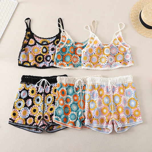 Top High Waist Embroidery Shorts Two-piece Set