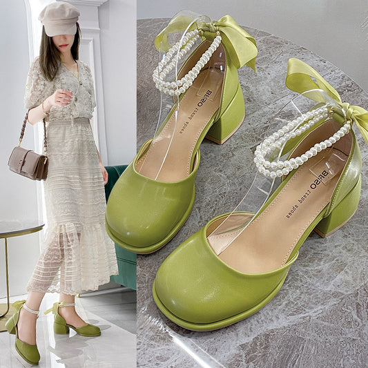 Chunky Heel Pearl Shoes High Quality Mary Jane