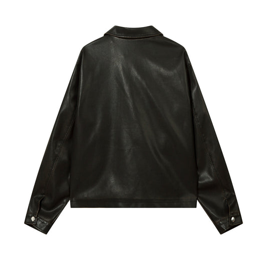 Solid Color PU Leather Coat Men
