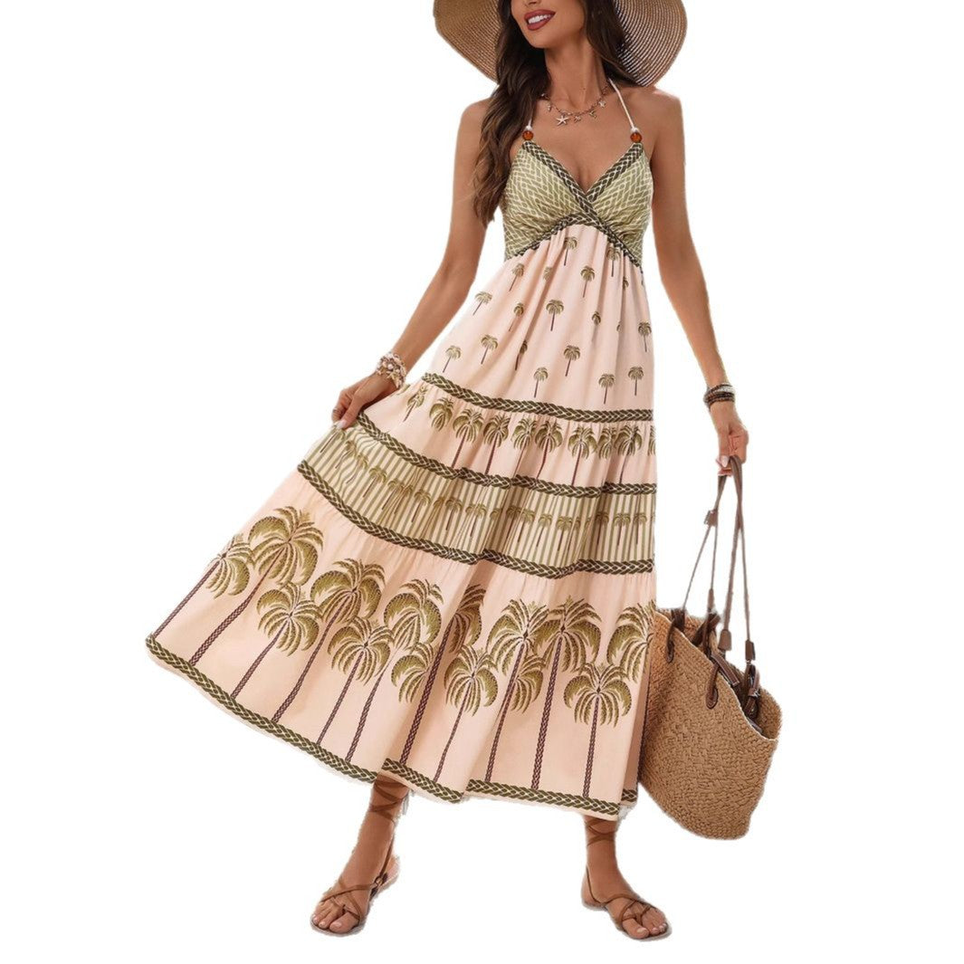 Bohemian Ethnic-Style Printed Beaded Halterneck Backless Dress
