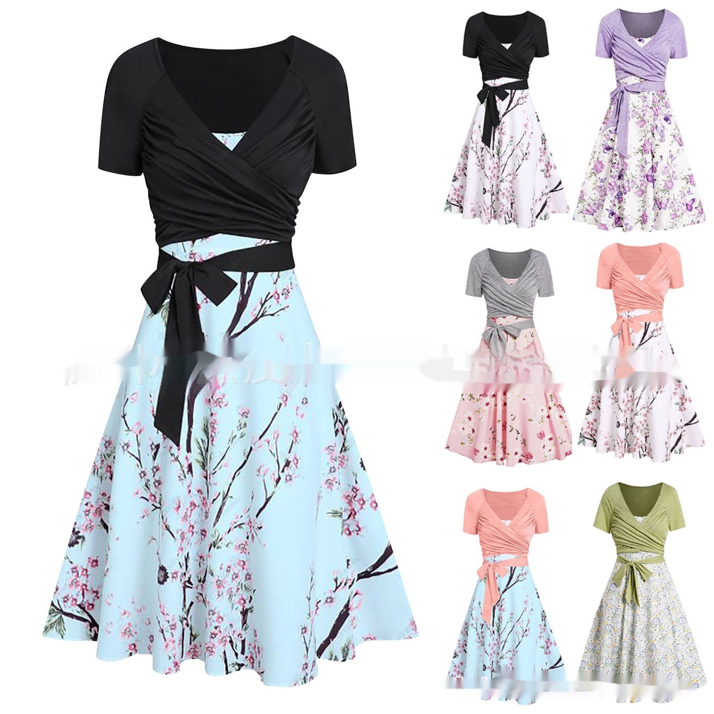 Women's Summer V-neck Short-sleeved Printed Dress Two-piece Set