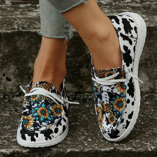 Women's Fashionable Printed Cloth Round Toe Flat Bottom Casual Shoes