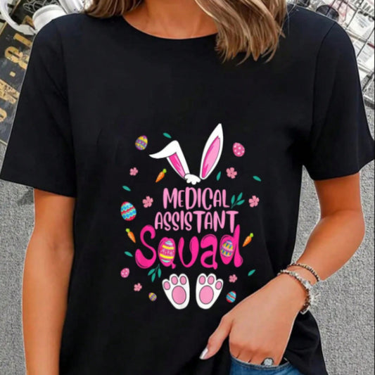 Glædelig påske Kanin Printet Dame T-shirt med Rund Hals og Korte Ærmer