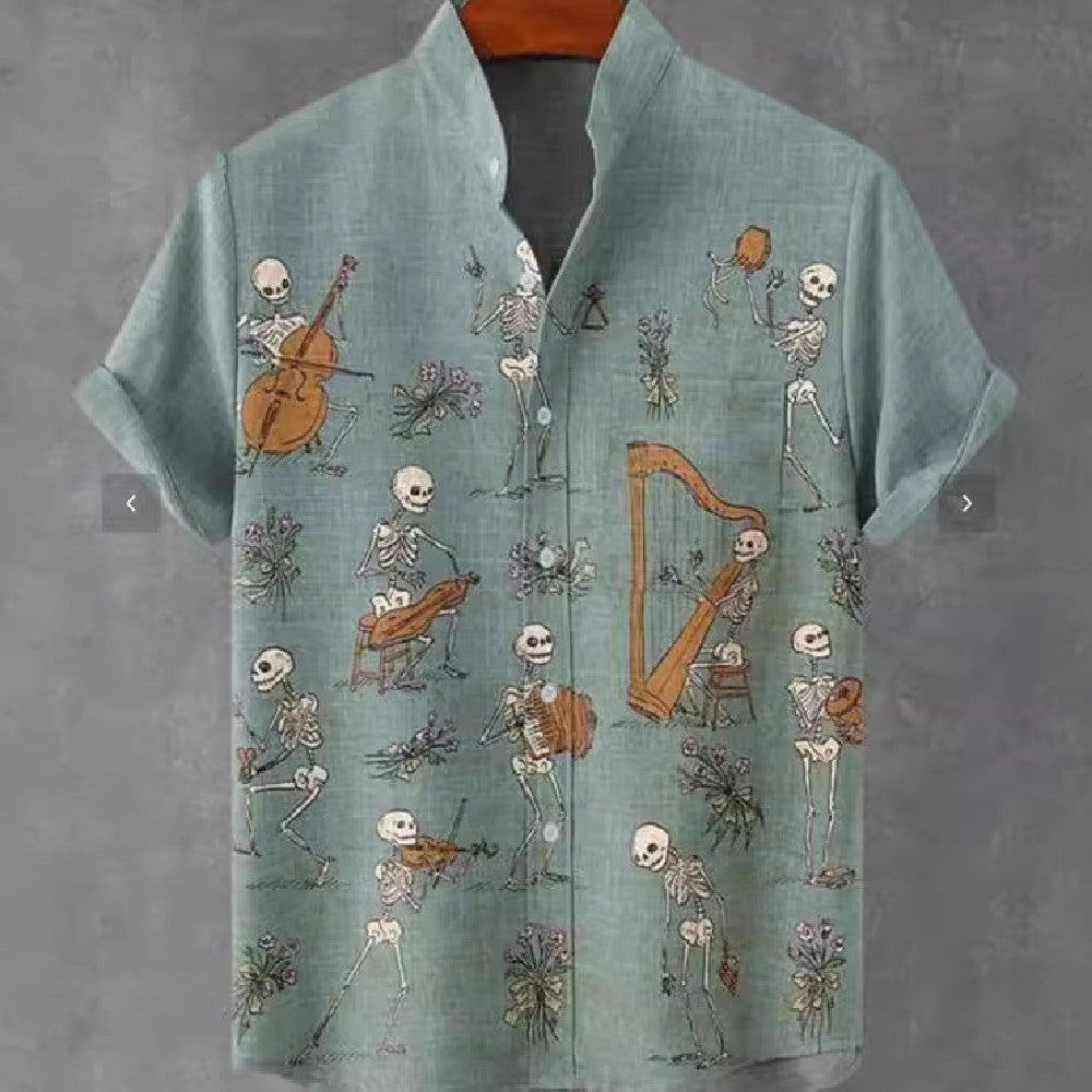 Pattern 3D Digital Printing Loose Trendy Short Sleeve Stand Collar Cardigan Shirt