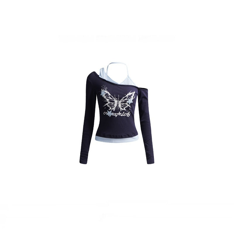 Womens Asymmetrical Neck Halter Patchwork Long Sleeve