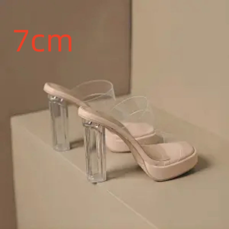 Crystal Transparent Thick Heel Fashion Net Celebrity Ins Tide High Heel Slippers
