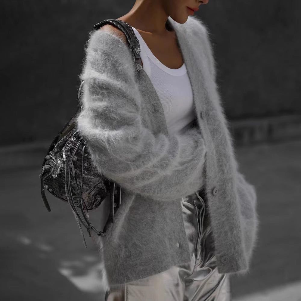 V-neck Faux Mink Fur Sweater Coat Women Fluffy Knitted Cardigan