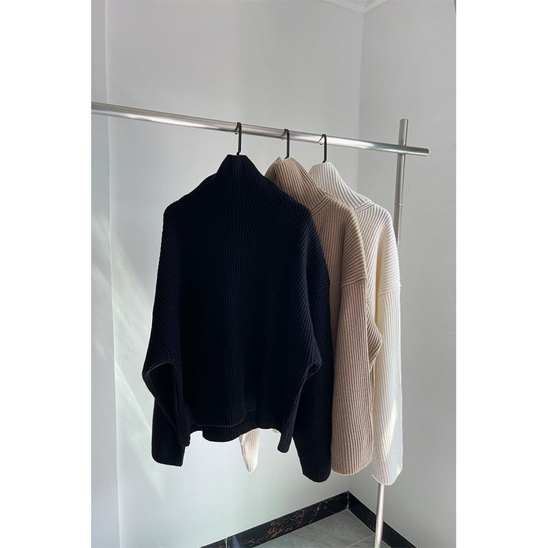 Women's Turtleneck Rib Drop Shoulder Loose Knitted Short
