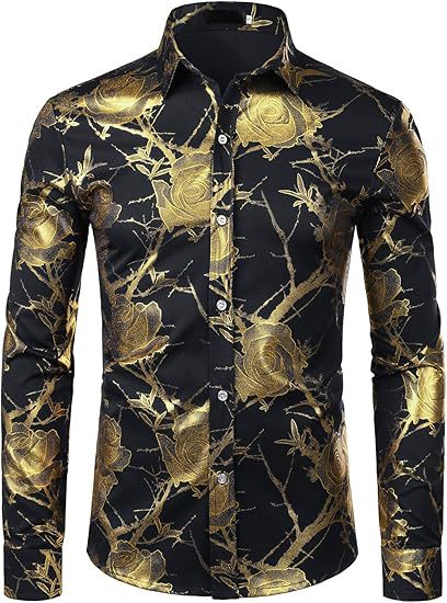 Golden Rose Print Slim Fit Long Sleeve Formal Wear Shirt