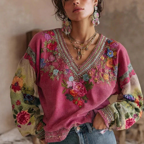Womens Floral Embroidered Printed V-Neck Long-Sleeve Top