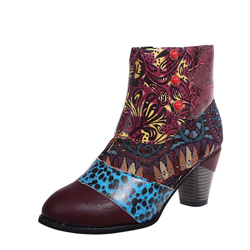 Bohemian Women's Ethnic Style Retro Stitching High-heeled Ankle Boots