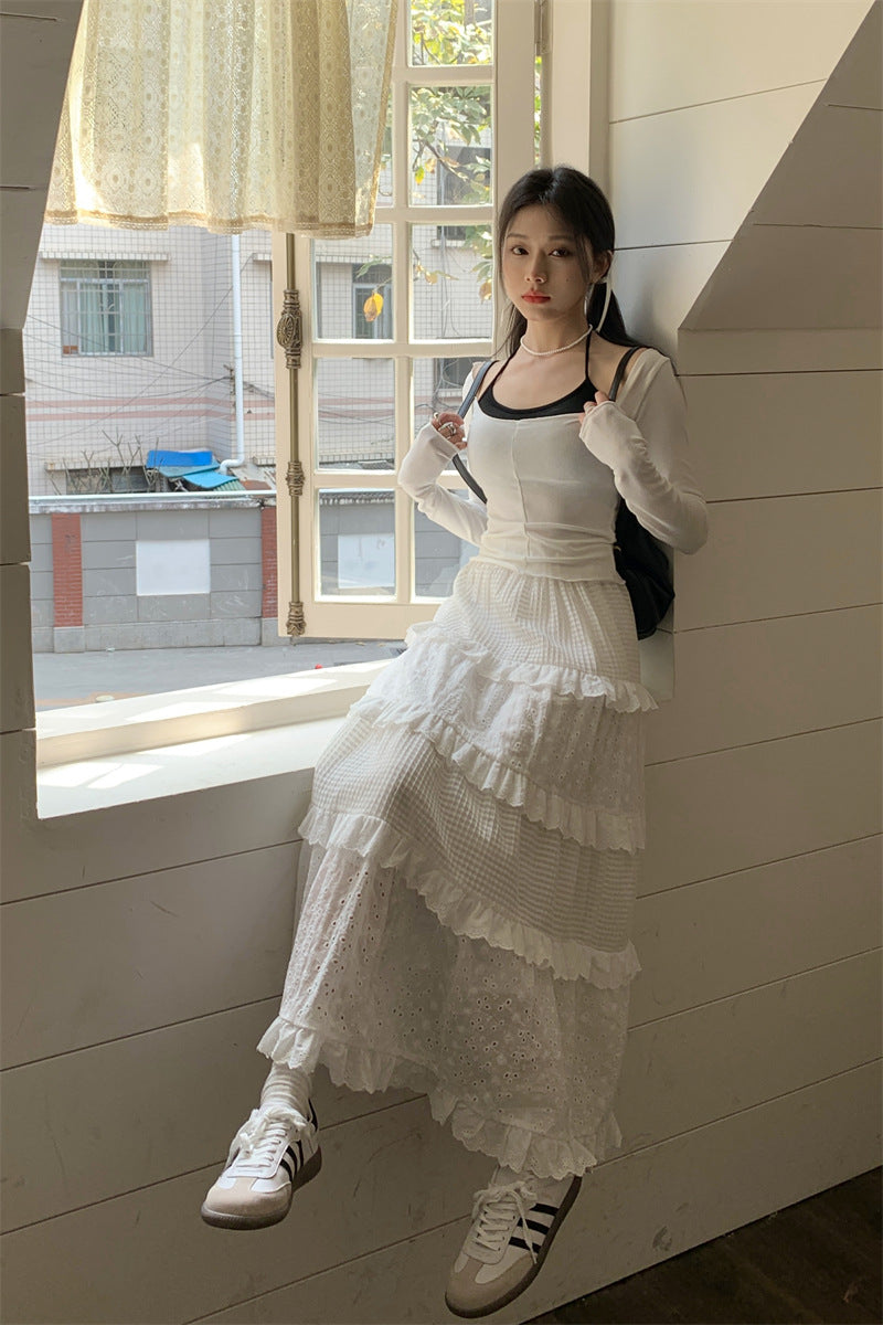 Three-dimensional Crochet Hollow Out Stitching Loose High Waist Skirt