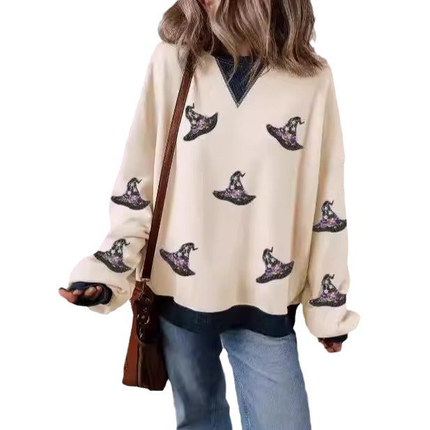 Hat Printed Sports Long Sleeve Pullover Loose Round Neck Sweater