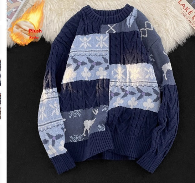 Fleece-lined Thickened Turtleneck Retro Art Design Sweater Warm